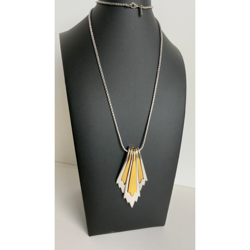 Vintage Monet 1970's Colleta Silver Gold Mixed Metal Fan Pendant Necklace Signed